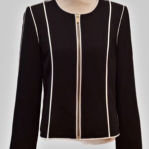Calvin Klein Black Zippered fully lined Jacket with White Piping & Trim. Size 10